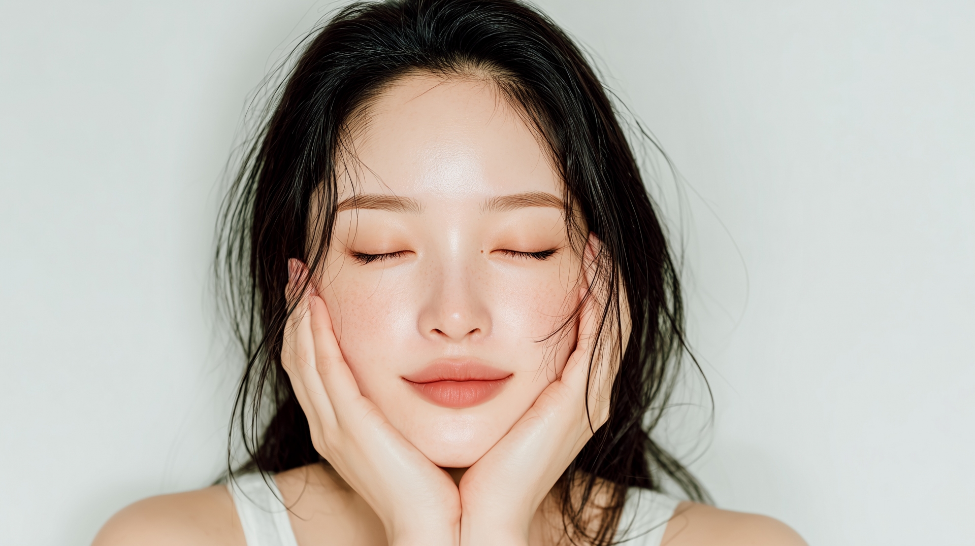 目を閉じて頬に手を添える女性