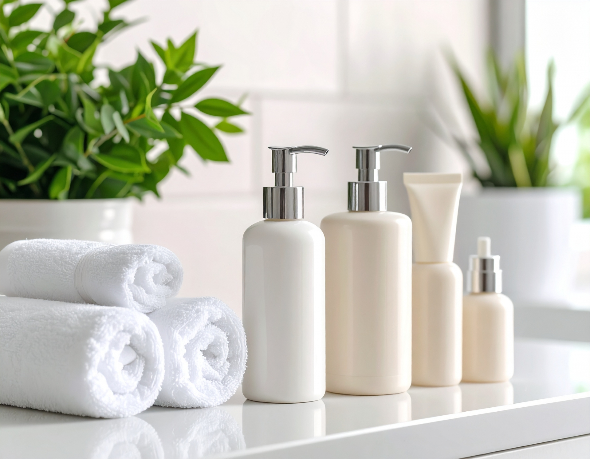 洗面台に置かれたスキンケアボトル